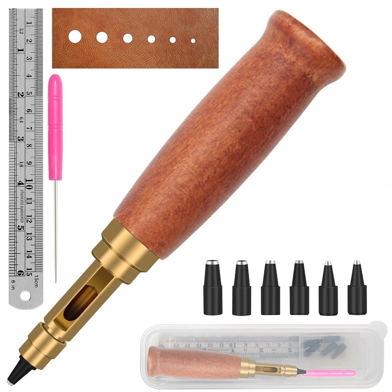 Boyistar Japanese Screw Punch, Wood Handle Belt Hole Puncher, Adjustable Leather Hole Punch Tool (Brown) - Image 1